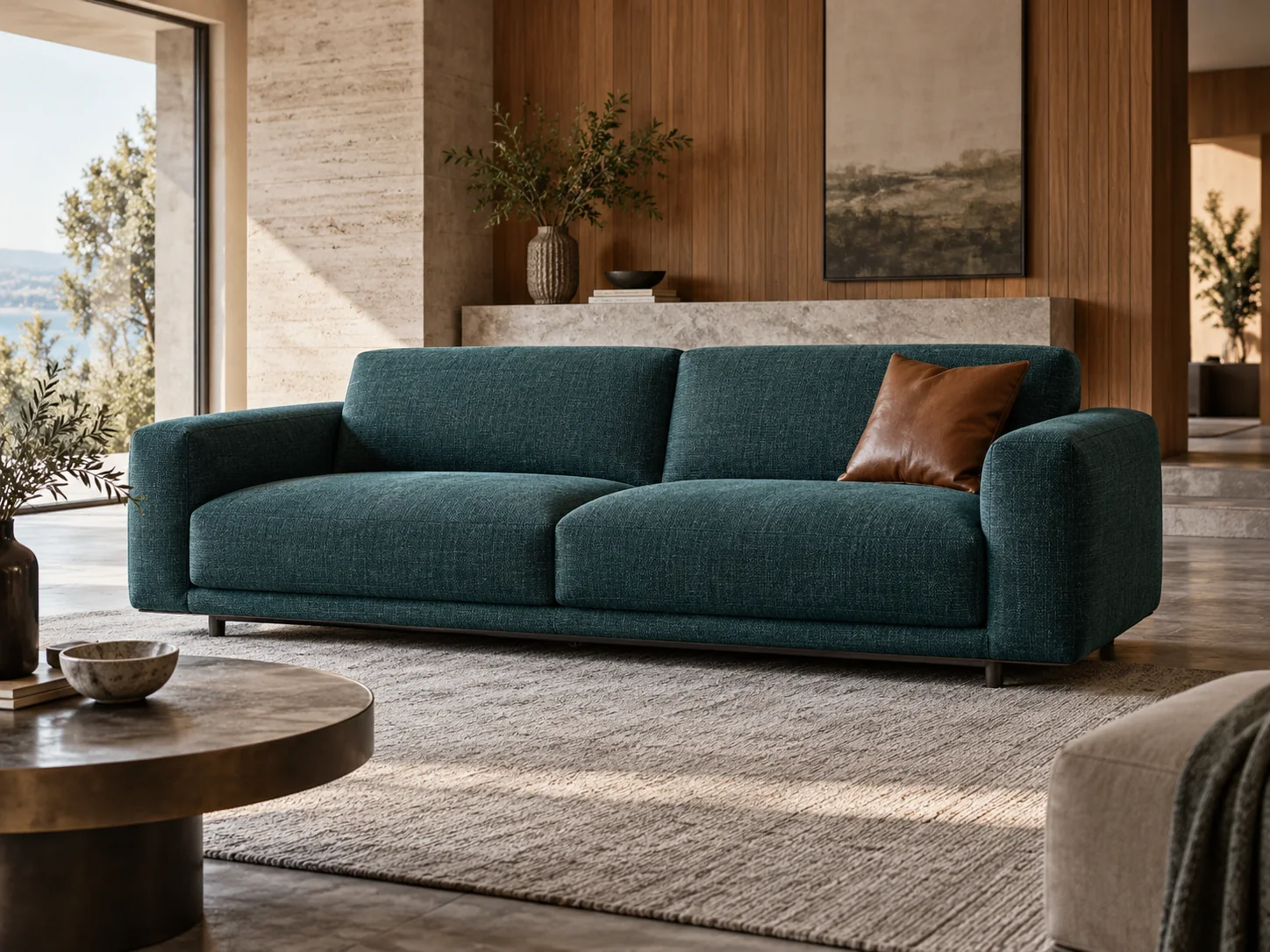 Modern teal upholstered sofa with artificial-leather accent cushion