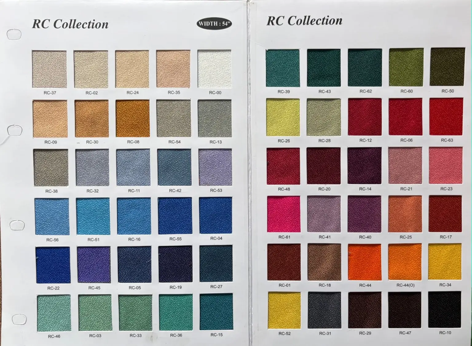 RC Collection workstation fabric shade card showing 60 available shade codes